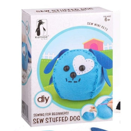 A boxed kit for sewing a stuffed dog toy.